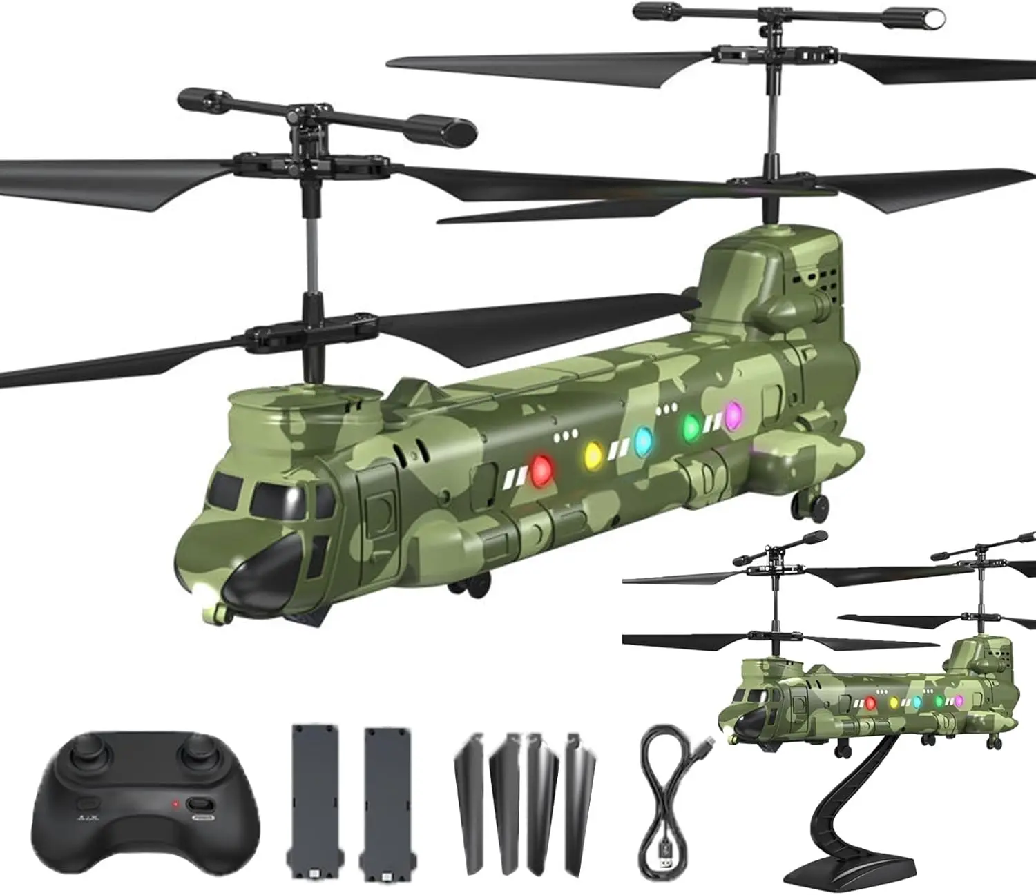 LM19-D Chinook RC Helicopter, Military Transport Remote Control Helicopter Toy with Altitude Hold, LED Lights, One Key Takeoff/Landing, Army RC Toys Beginner Friendly Military Fans