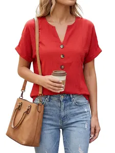 Women's Spring Summer New Elegant Casual V-Neck Shirt Blouses, Vintage Wooden Button Design, French Style Office Commute Slim Fit Top