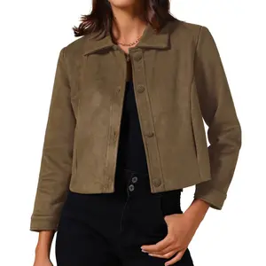 INSPIRE CHIC Women's Faux Suede Collared Vintage Long Sleeve Button Down Crop Jacket Large Brown