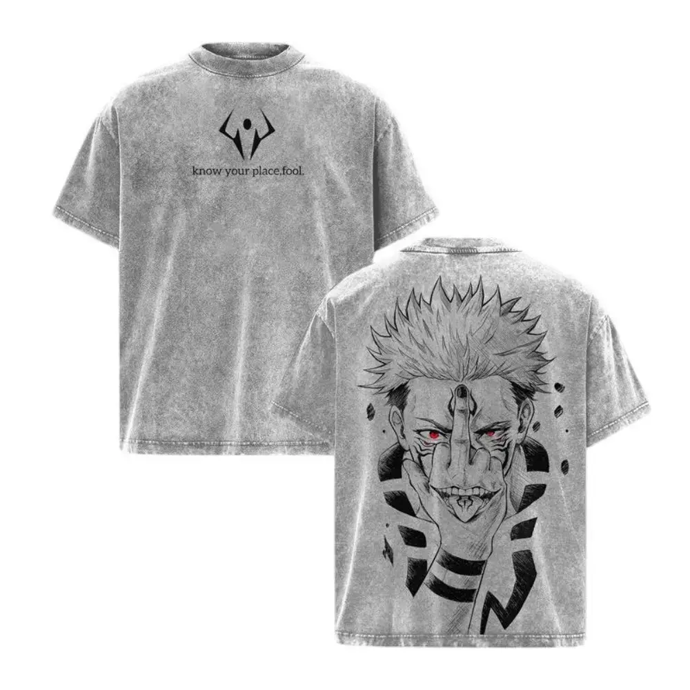 Men's Graphic Tee, Oversized Vintage Washed Heavy Cotton Ryomen Sukuna Jujutsu Kaisen Anime Streetwear Shirt, Tshirt, Round Neck, Vintage Retro, Washed Effect, Anime Style Men's Short-Sleeve T-Shirts