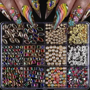 Rainbow Rhinestone Nail Art Decorations, Gold Silver Stars & Pearls Mix, DIY Nail Decoration Box, Beauty Accessories，Nail Art Rhinestones / Flatback Crystals / Multi-Color / Pickup Tool, Nail Gems