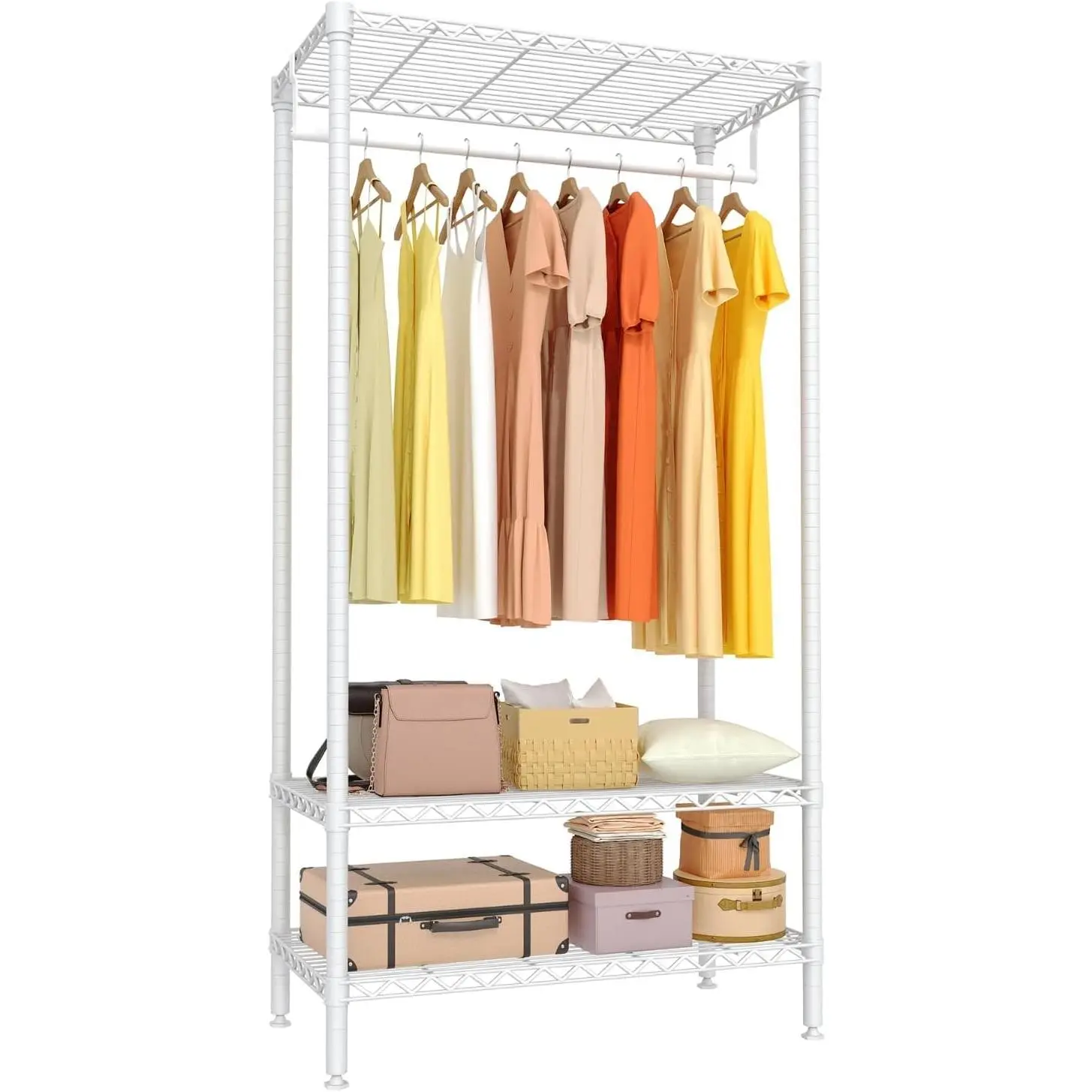 Garvee 3-Tier Metal Clothes Rack with Adjustable Shelves and Hanging Rod, Freestanding Wardrobe Storage Organizer, 660 lbs Capacity, Portable for Bedroom or Laundry Room, White