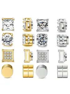 2-4 Pairs/set Men Cubic Zirconia Magnetic Fashionable Earrings, Casual Colorblock Studs for Party, Wedding, All Seasons, Punk Hip Hop Style