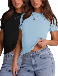 Women's Crew Neck Short Sleeves T Shirts Ribbed Fitted Summer Basic Tees Lettuce Trim Going Out Tops Womenswear Underwear Lady Comfort Tshirt Shortsleeve Streetwear Casual