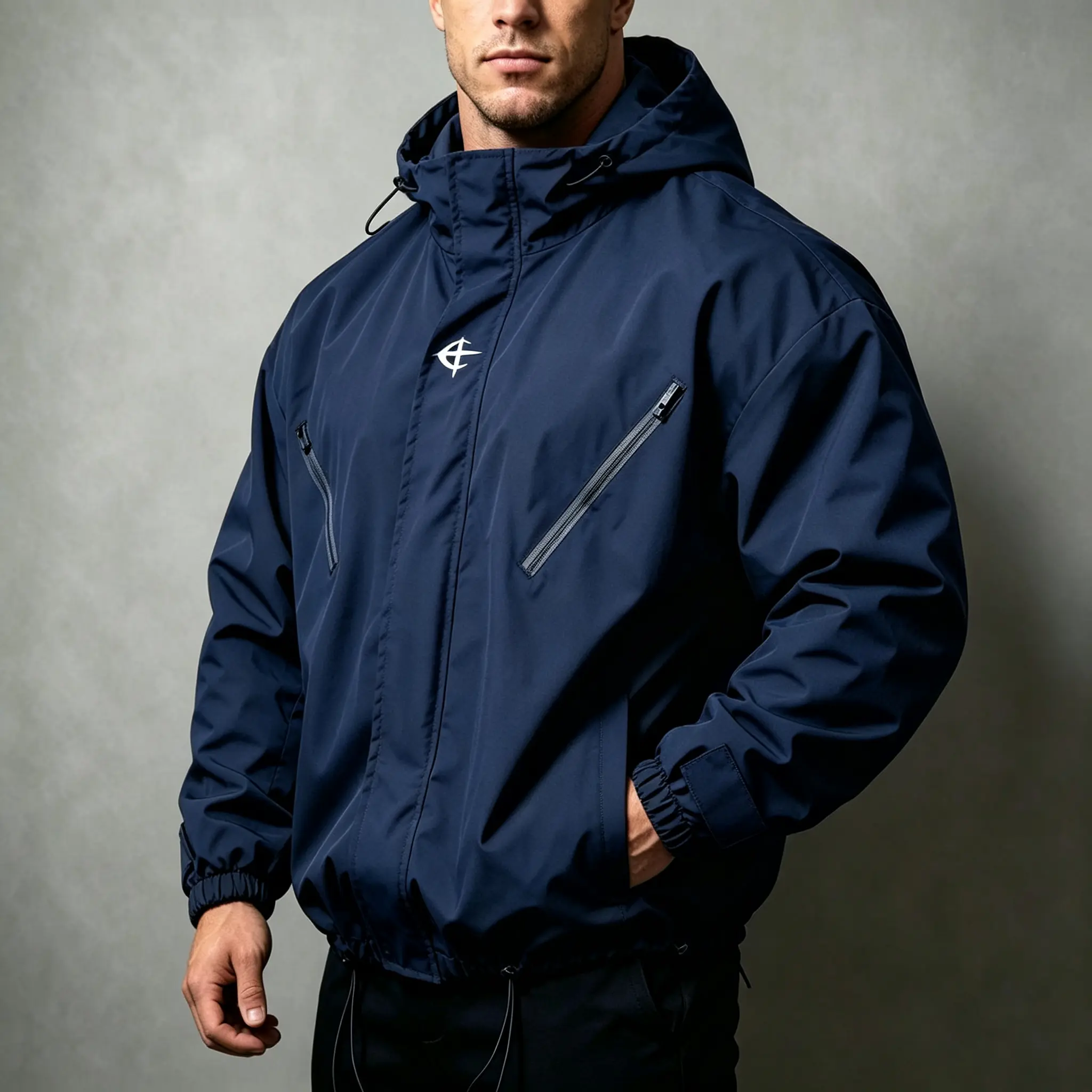 Stylish Men’s Spring/Autumn Outdoor Functional Hooded Softshell Jacket, Loose Drop-Shoulder Coats, Waterproof & Windproof, Elastic Drawstring Hem, Zipper Pockets, Print Tops Workwear Fabric, Menswear, Cargo
