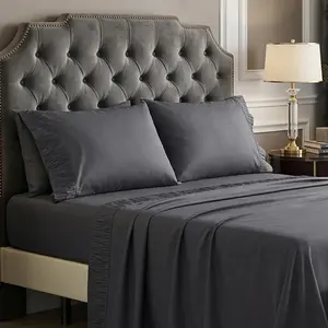 Dark Grey  Sheet Set - Refined Pleated, Soft Cooling 4 count Bedding, Breathable, Easy Care, 14" Deep Pocket