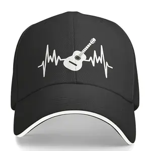 Adjustable Heartbeat Guitar Print Vintage Black Trucker Baseball Cap - Lightweight 100% Polyester, Breathable and Moisture Wicking, Adjustable Metal Buckle Closure, Unisex, Four Seasons Outdoor Sports Fishing, Moisture Wicking Headwear