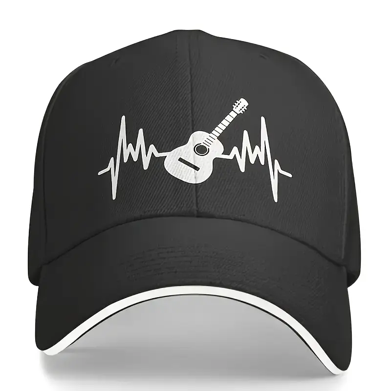 Adjustable Heartbeat Guitar Print Vintage Black Trucker Baseball Cap - Lightweight 100% Polyester, Breathable and Moisture Wicking, Adjustable Metal Buckle Closure, Unisex, Four Seasons Outdoor Sports Fishing, Moisture Wicking Headwear