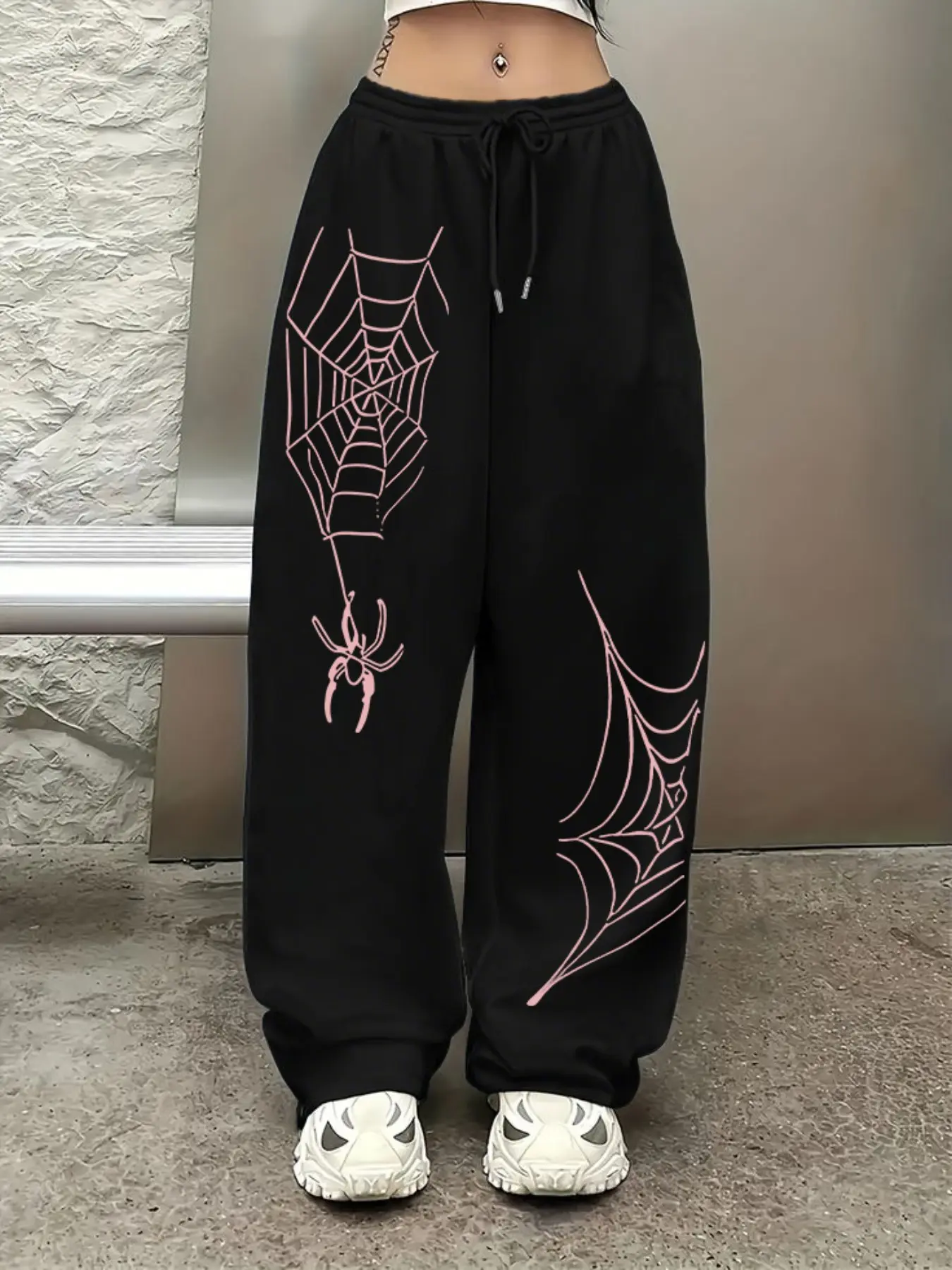 Black Oversized Spider Web & Spider Graphic Sweatpants, Womenswear, Drawstring, Casual Streetwear Pants, Casual Fashion Pants, Soft Fabric, Bold Pink-Black Spider Web Design, Versatil, Casual Loose Pants