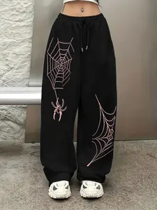 Black Oversized Spider Web & Spider Graphic Sweatpants, Womenswear, Drawstring, Street Bottoms, 2026 Trending Streetwear, Soft Fabric for Street Style Gatherings & Daily Outings, Bold Pink-Black Spider Web Design That Stands Out, Versatil, Geometric