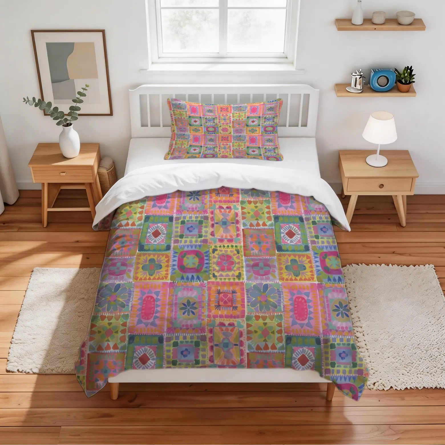 Bohemian Patchwork Duvet Cover Set, 2/3 Pieces (1 Duvet Cover + 1/2 Pillowcases, No Comforter or Pillow Insert Included), Vibrant Folk Style, Soft & Breathable, Ideal for Bedroom & Guest Room Decor, Thoughtful Holiday Gift for Her