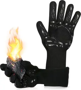 BBQ Grill Gloves, 1472F Heat Resistant Barbecue Oven Mitts,  Non-Slip Cooking Gloves for Kitchen, Grilling and Baking, EN407 Certified, 13 inch Long, Black, XL Size, 1 Pair