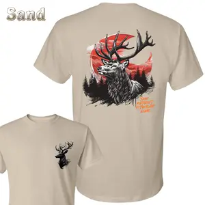 Elk Hunting T-Shirt - Majestic Bull Elk Back Design With Forest Sunset Artwork , Small Front Chest Black Elk Head Logo , Hunting Outdoor Lifestyle , Fall Season Camp Wear , Hunting Tee , Gift For Hunting Fans