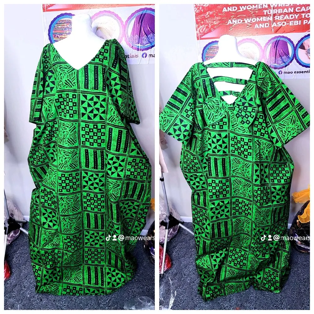 Boubou Gown Dresses - Green Patterned Design with Short Sleeves and V-Neckline