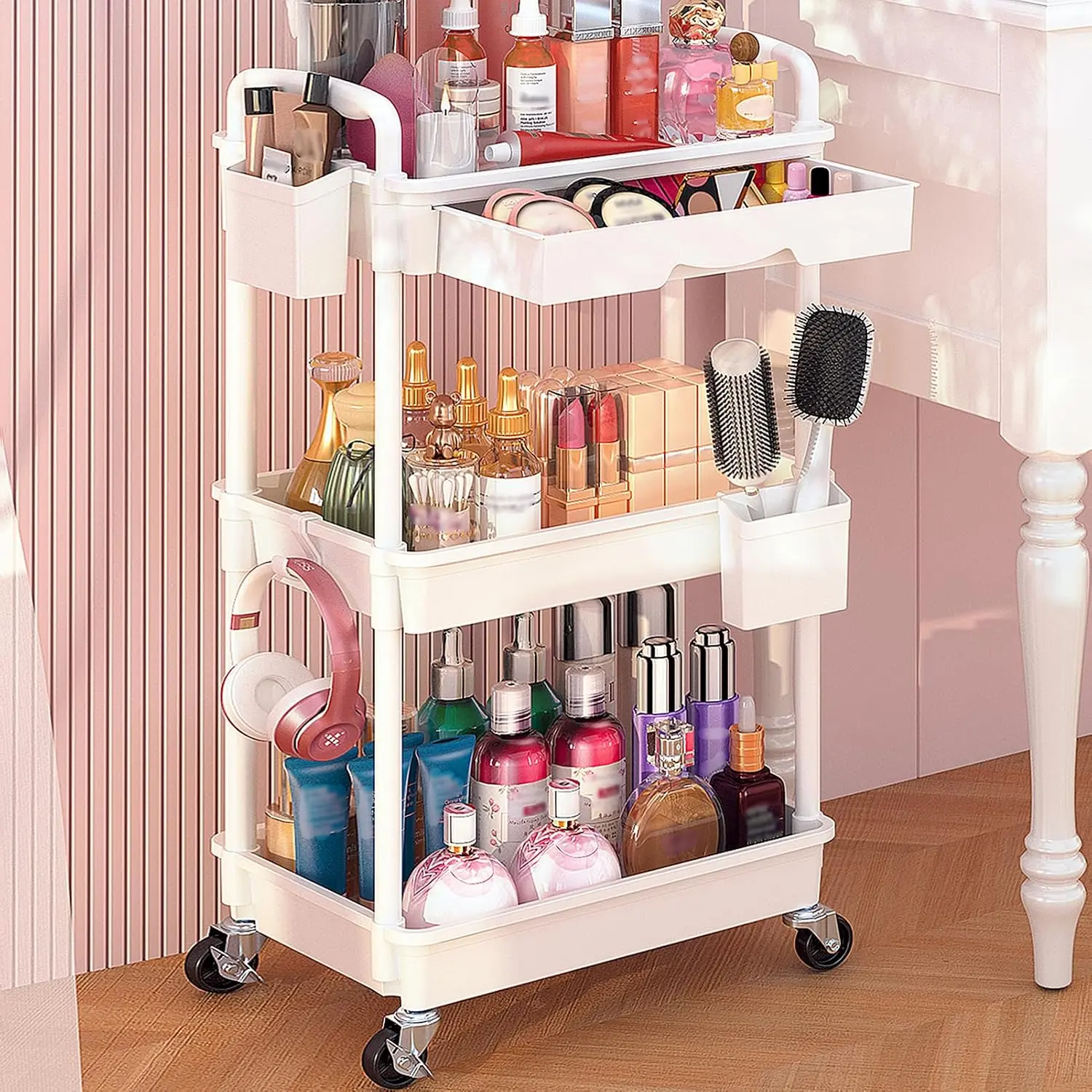 3 Tier Rolling Makeup Organizer Cart with Removable Drawer & Wheels, Mobile Cosmetic Storage Cart for Makeup, Skincare, Bathroom, Bedroom & Salon, White