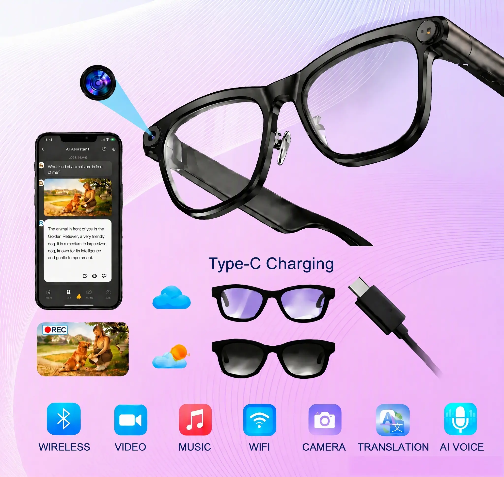 AI Smart Glasses for Cycling, Driving, Travel - 160 Language AI Translation with Chat GPT, HD Voice Calls & Hands-Free, HIFI Music Speaker, Color Changing Lenses for Men & Women Bluetooth smart glasses Hands-Free Calling smart glasses