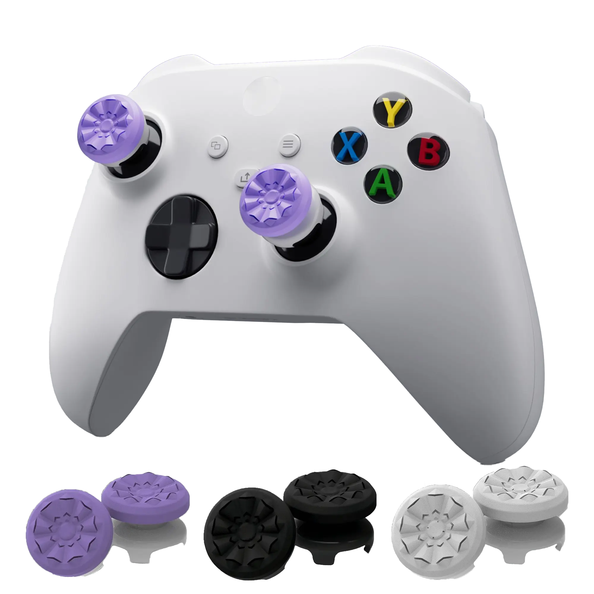 Gaming Professional Thumbstick Grips for Xbox One and Xbox Series X Controller, Joystick Rubber Game Accessories, 4-PRONG SECURITY, Professional Thumbsticks, 1 High-Rise, 1 Mid-Rise, Purple Black White Thumb Grips ﻿