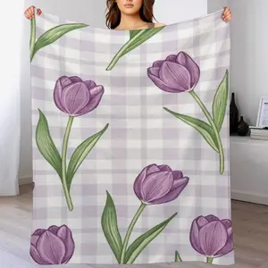Flannel Fleece Blanket, Purple Tulip Gingham Floral Cottagecore Aesthetic Design Soft Throw, Cozy Warm Spring Gift for Couch Bed