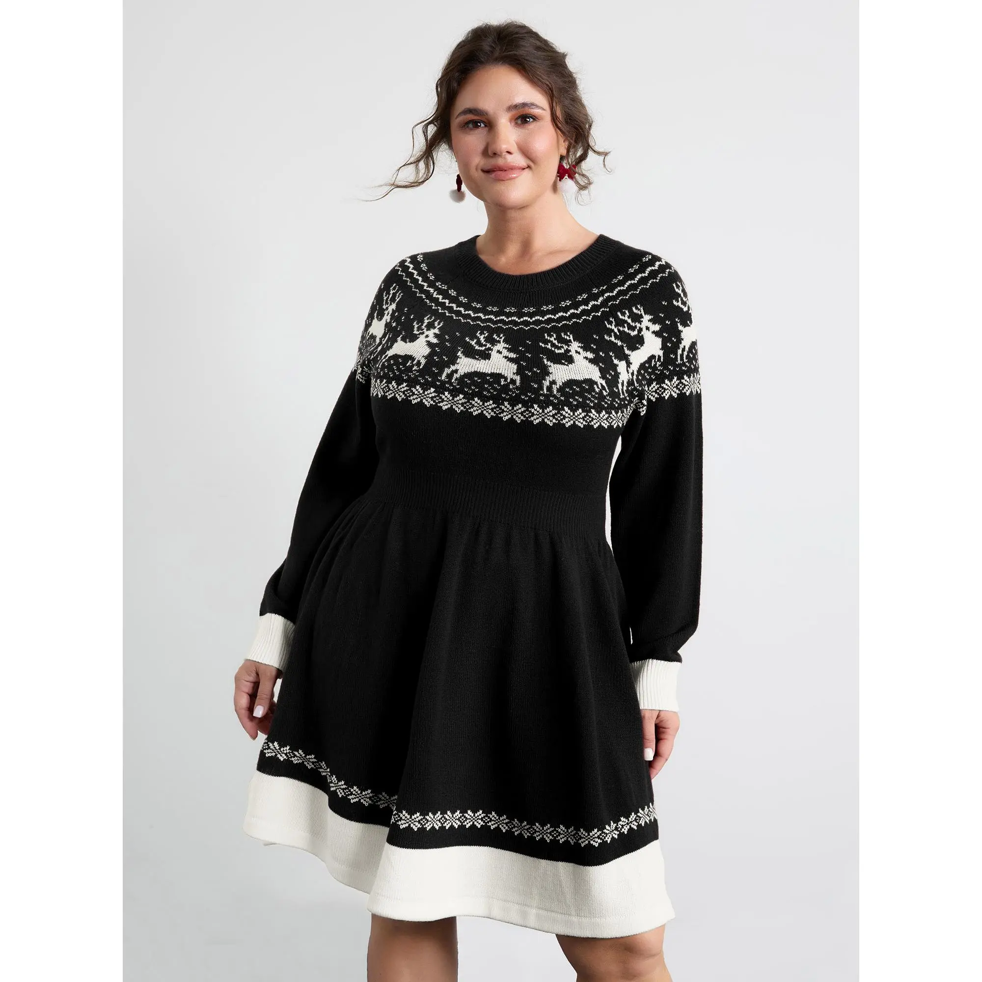 BloomChic Women's Plus Size Christmas Reindeer Print Bodycon Sweater Dress, Cinched-Waist 100% Acrylic Knit, Hand Wash Recommended