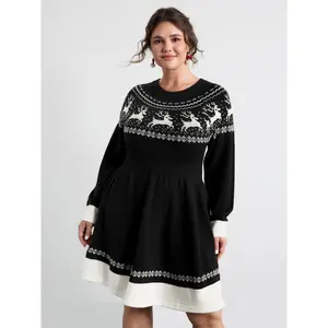 BLOOMCHIC Plus Size Reindeer Print Cinched-Waist Sweater Mini Dress [M–6X], 2026 Summer Vibes