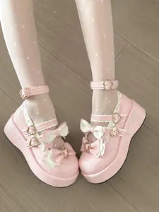 Sweet Height Increasing Thick Sole Bow Mary Jane Women's Shoes, Stylish Cute PU Leather Round Toe, All Seasons Fashion, Plain Pattern