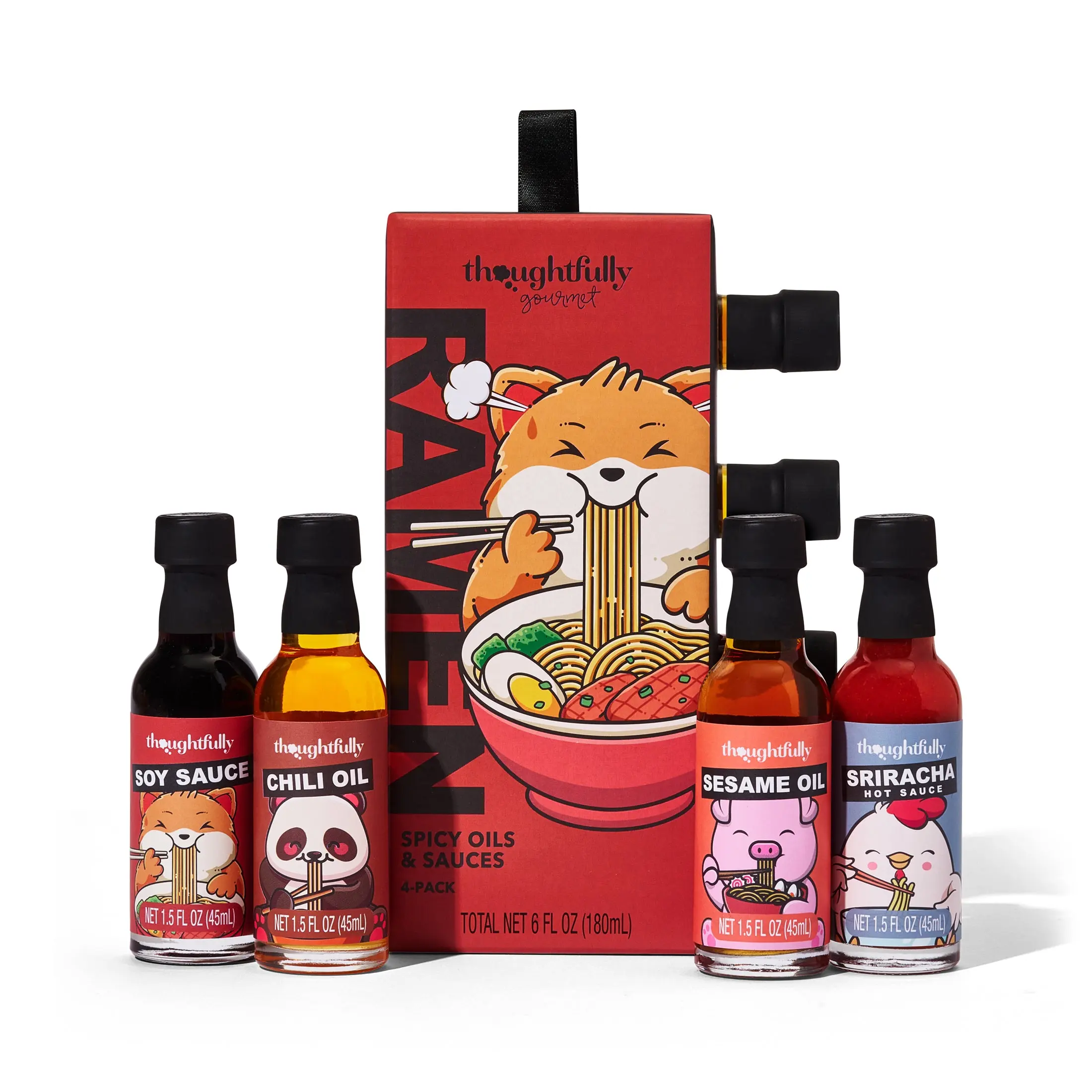 Thoughtfully Gourmet, Ramen Spicy Oils and Sauces, Includes Sesame Oil, Chili Oil, Soy Sauce, and Sriracha Flavored Seasonings, Set of 4