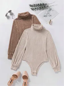Women's Solid Color Turtleneck Striped Knit Jumpsuit for Autumn/Winter, Simple Versatile Basic Style, New Arrival