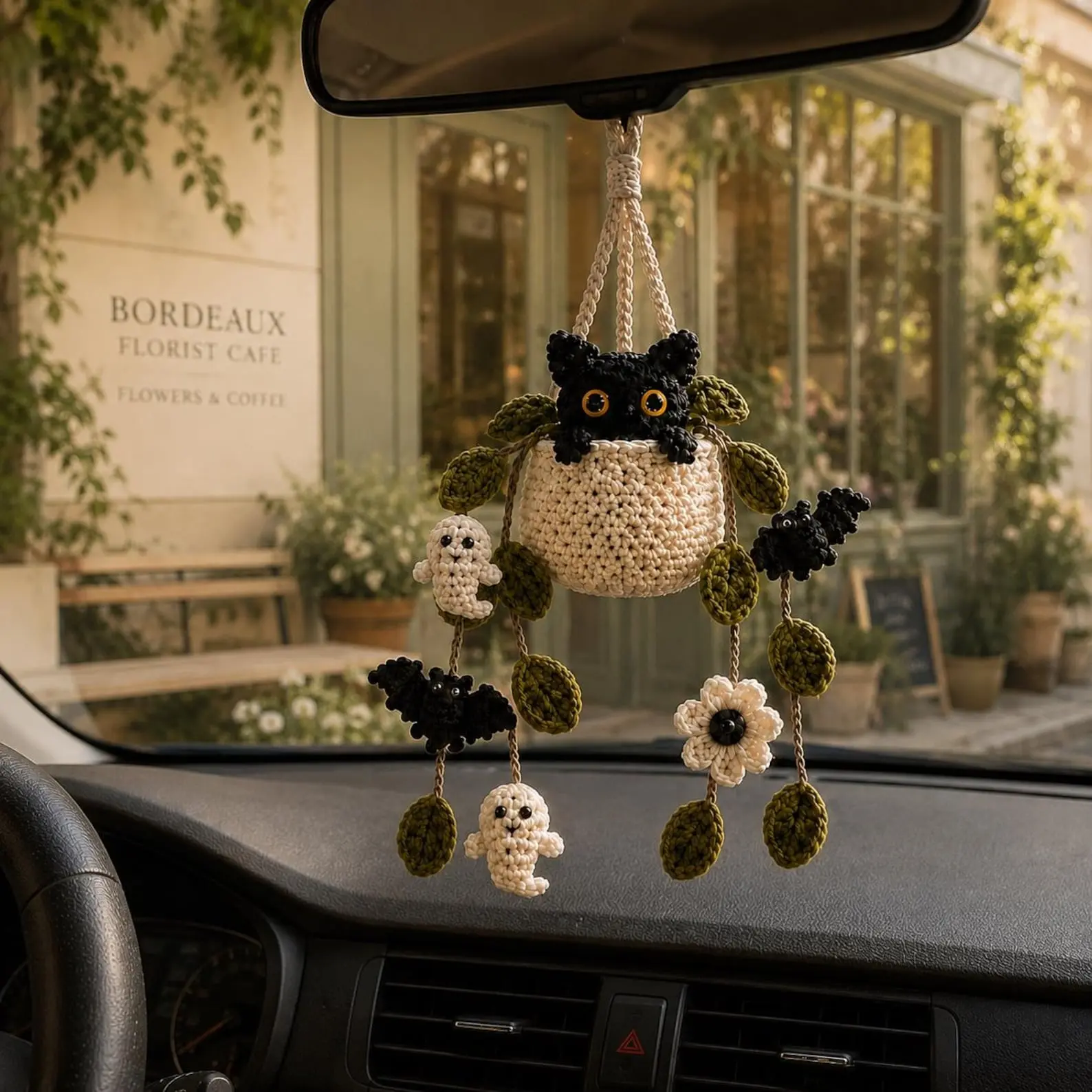 Crochet Halloween Black Cat Plant Car Hanging, Pumpkin Car Charm, Spooky Cute Halloween Car Decor, Handmade Plant Lover Gift
