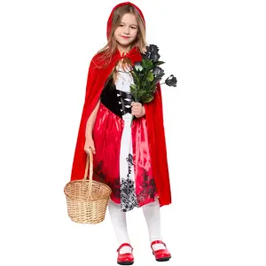 2PCS Dress + Cloak Black Red Cartoon Cosplay Costume Fancy Carnival Kids Clothes Performance Princess Theme Party Holiday Girls Ball Gown Children Cocktail Dresses 7-12Y