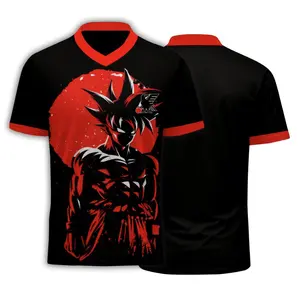 Anime Goku V-neck T-Shirt - Heroic Graphic Tee, Red and Black Design for Anime Fans