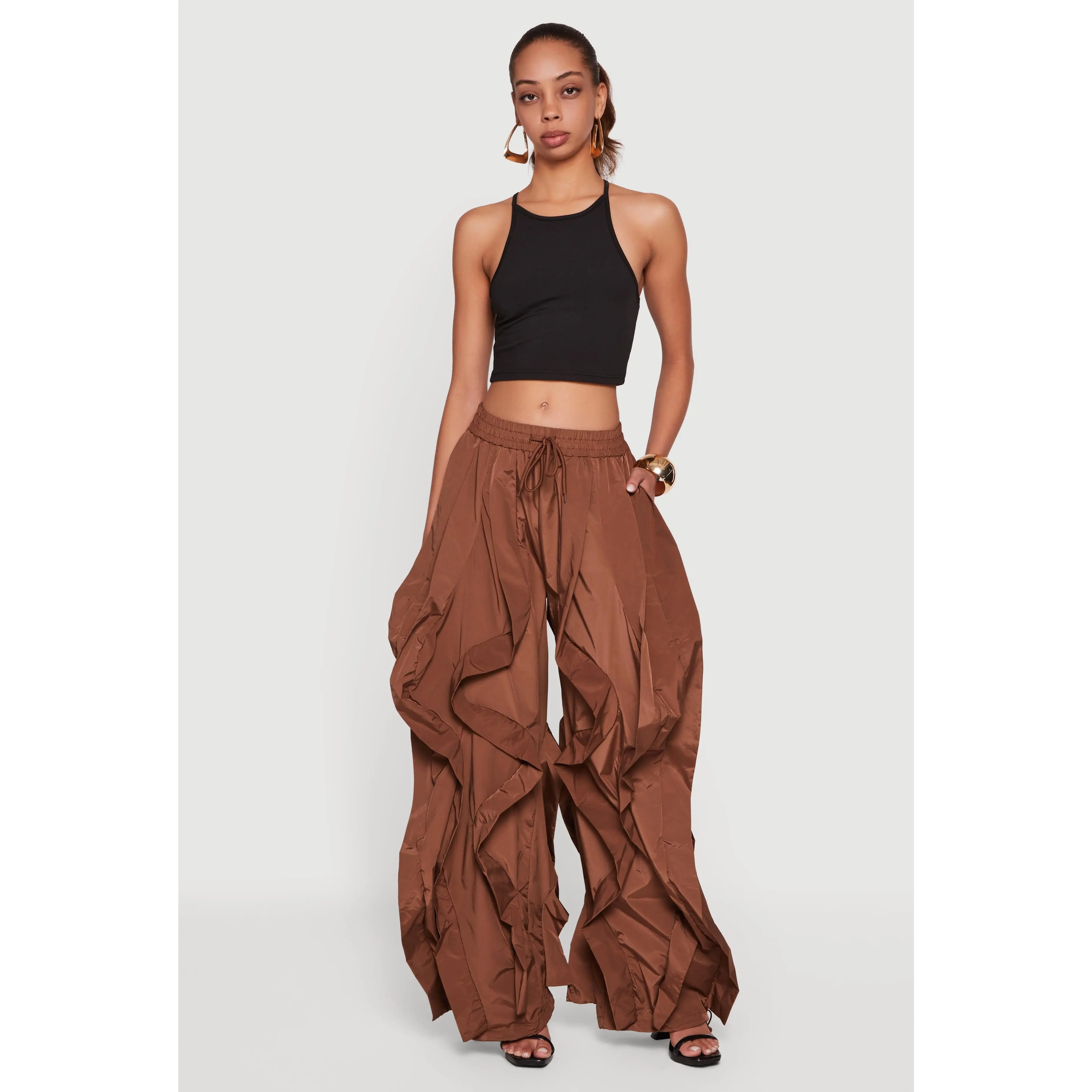 Drawstring Waist Ruffle Parachute Pants