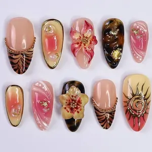 S65 Nailed by Vibe – Sunset Jungle Press-On Nails, 3D Hibiscus Flowers, Sunburst, Gold Turtle Charms, Zebra Tips, Tropical Gradient Art, Handmade Summer Vibes, Gift for Her
