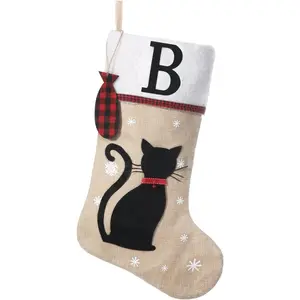 20 Inches Pets Initial Christmas Stocking,Cat Christmas Stocking Personalized with Wood Fish Tags Hanging Ornament,Xmas Gifts for Pets(Letter B)