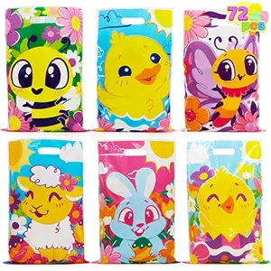 72 Pcs Easter Large Plastic Tote Bags, Easter Goodie Treat Gift Bags for Egg Hunt, Kids Party Favor Party Supplies(Animals and Flowers)