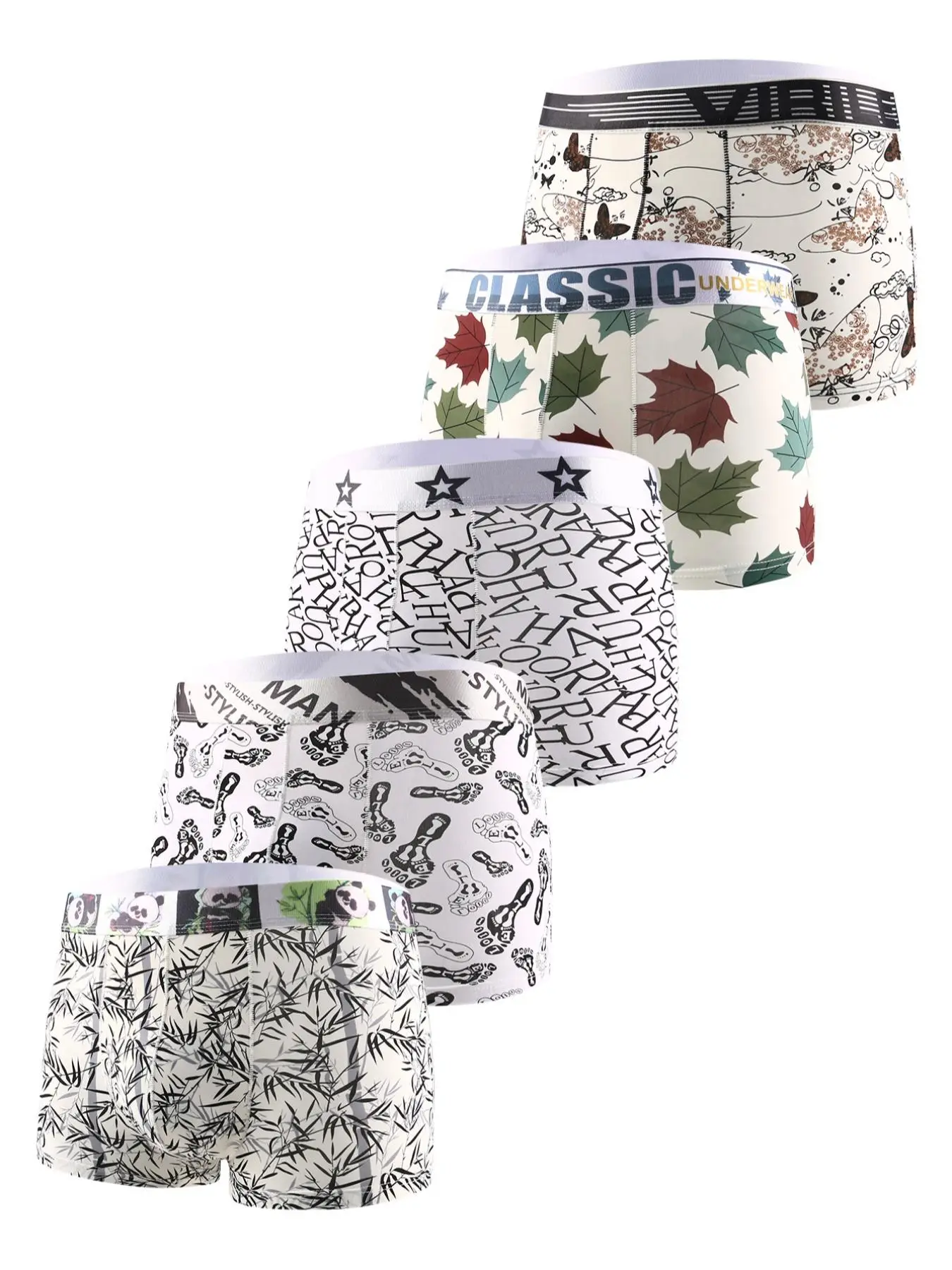 Men's 5pcs All Over Print Boxer Brief, Casual Comfy Breathable Seamless Underwear Set For All Seasons, Men's Underwear For Daily Wear