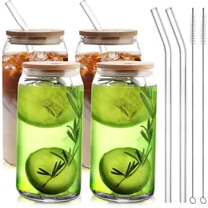 Glass Cups with  Lids and Straws 4 count Set, 16oz Can Shaped Drinking  Glasses, Iced Coffee Cups, Cute Tumbler with 1 Cleaning Brush, Ideal for , , ,