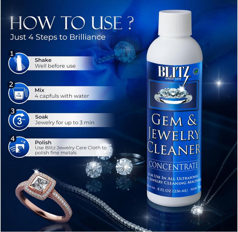 Blitz Gem & Jewelry Cleaner Liquid Concentrate for Gold, Silver, & Platinum Jewelry Cleans Non-Porous, Precious & Semi-Precious Stones. Non-Toxic, Non-Abrasive, & Planet Friendly Made in USA 8oz