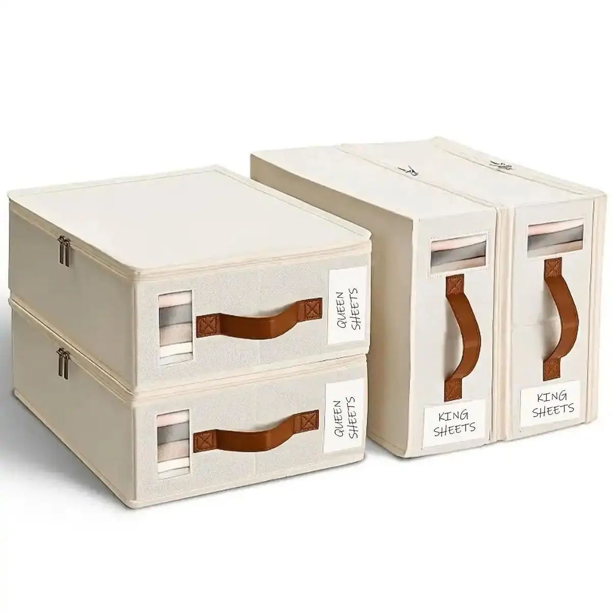 King Size Bed Sheet Organizer Box for Linen Closet, Dual Zipper, Full Seal, Leather Accent Home Decor, Handle, Closet Organizer for Bedding, Queen King Sheets, Pillowcase Organizer, Classic Foldable Rectangle Transparent, ADHD Gift