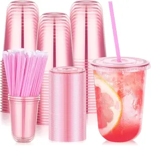 50 Pack 16 oz Pink Plastic Party Cups with Lids and Straws, Disposable Iced Coffee Cup with Lids, Round Bottom Drinking Cups for Birthday Wedding Valentine's Galentine's Bachelorette Party