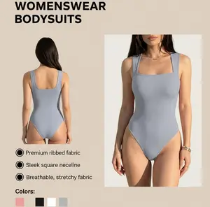 Quriov Womenswear Bodysuits Stretchy Underwear Sexy Ribbed Square Neck Sleeveless Stretchy Tank Tops Bodysuits Soft Lady