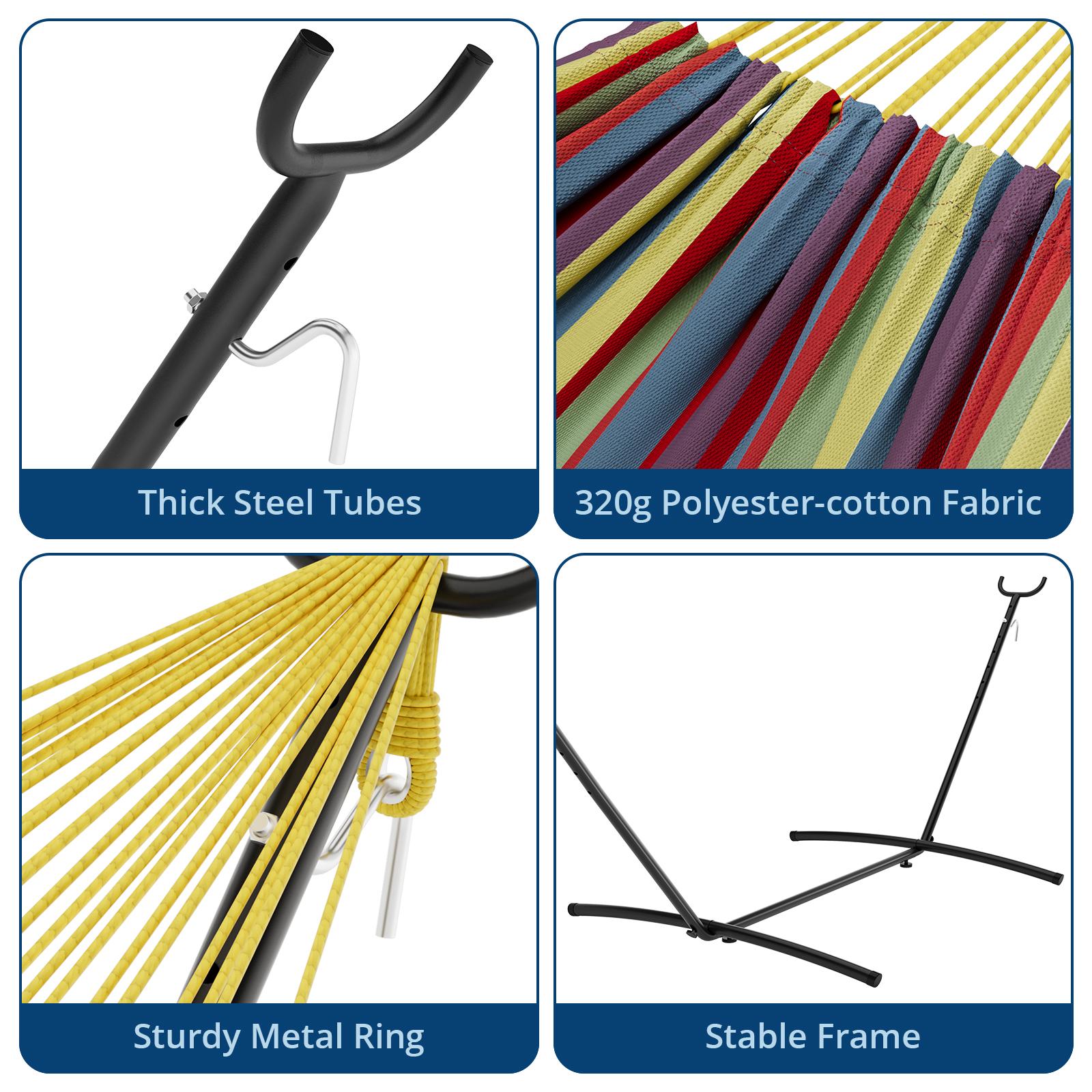 Garvee Double Hammock with Steel Stand, 2-Person Portable Indoor/Outdoor Hammock Set - Space-Saving Heavy-Duty Frame, Easy Assembly, Carrying Bag, 450 lb Capacity - Rainbow Stripes