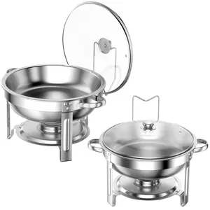 Chafing Dish Buffet Set 2 Pack: TINANA 5QT Stainless Steel Chafing Dishes for Buffet with Glass Lid & Lid Holder, Round Chafers and Buffet Warmers Sets for Parties, Events, Wedding, Camping, Dinner