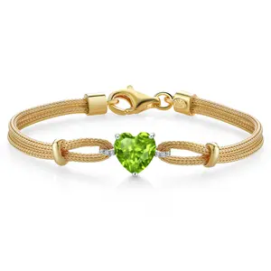18K Two Tone Sterling Silver Green Peridot and White Lab Grown Diamond Bracelet For Women (1.64 Cttw, Heart Shape 8MM, 6.5/7/7.5 Inches, Made In Italy)