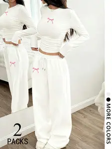 Y2K School Style Bow Tie Set, Sweet, Cool, Casual, Slim Two-Piece, Streetwear, Comfortable and Versatile, Perfect for Outdoor and Commuting Versatile Street-Chic Top with Digital Stamp & Bow Accent – Casual, Sporty, Trendy Style