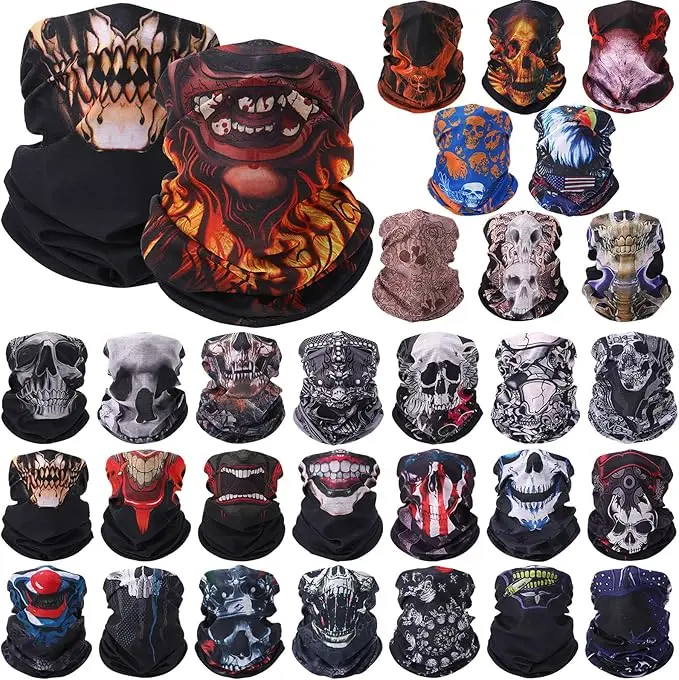 Unisex 30-Pcs Polyester Skull Print Seamless Breathable Neck Gaiter Scarf Mask - Athletic Face Masks for Adults, Biking, Fishing, Friends, Motorcycle & Outdoor Sports Headwear (Polyester Fashion Accessory), Halloween