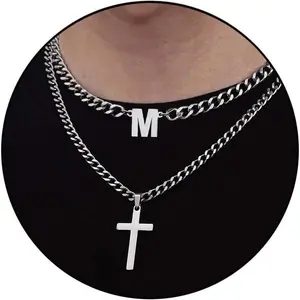 Layered Cross Initial Necklace for Men, Silver Stainless Steel Mens Cross Pendant Necklaces Letter A-Z Cuban Link Chain Necklace for Men Boys 16/18+2 Inches Jewelry Gift