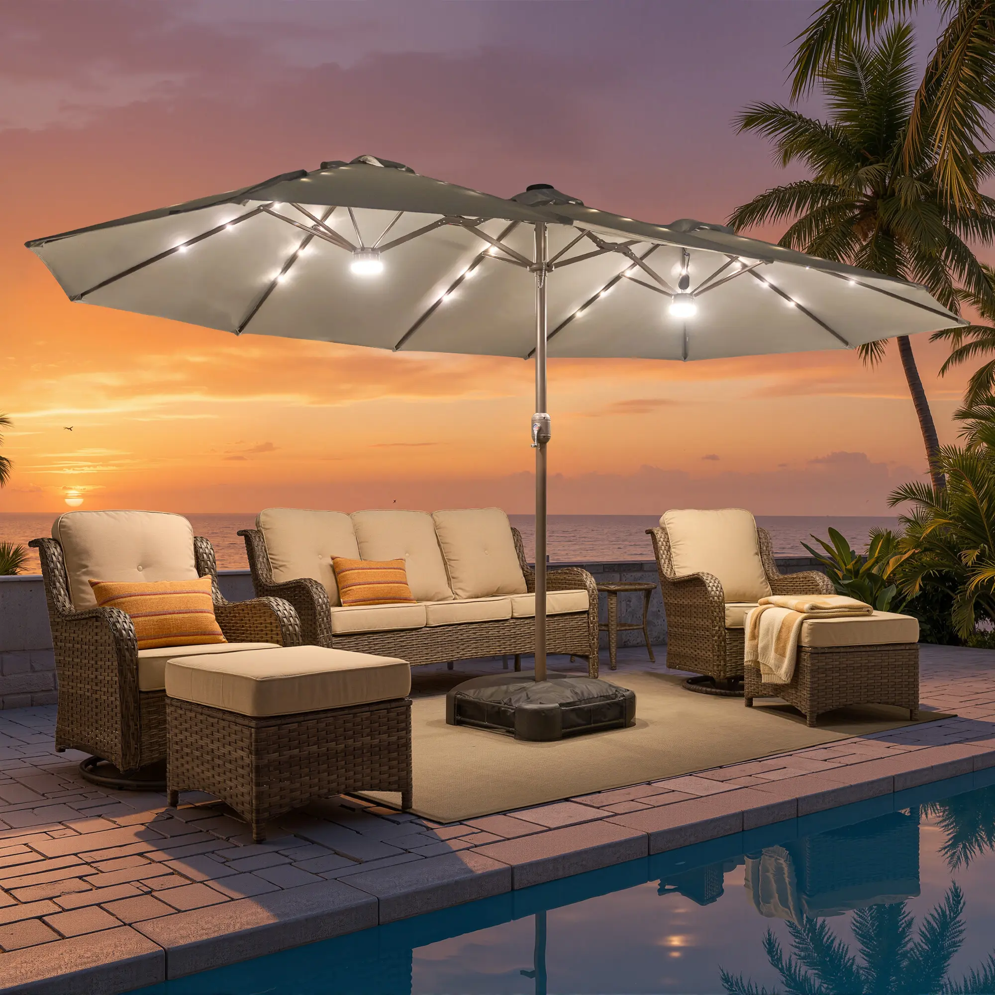 ALLWEX 15 x 9FT Solar LED Patio Umbrella with Base, Large Outdoor Market Umbrella with White LED Light Strip, 36+2 Solar Powered Lights with 6-8H Runtime, Waterproof UV Resistant Fade Resistant Canopy, Easy Crank Handle for Patio Pool Backyard