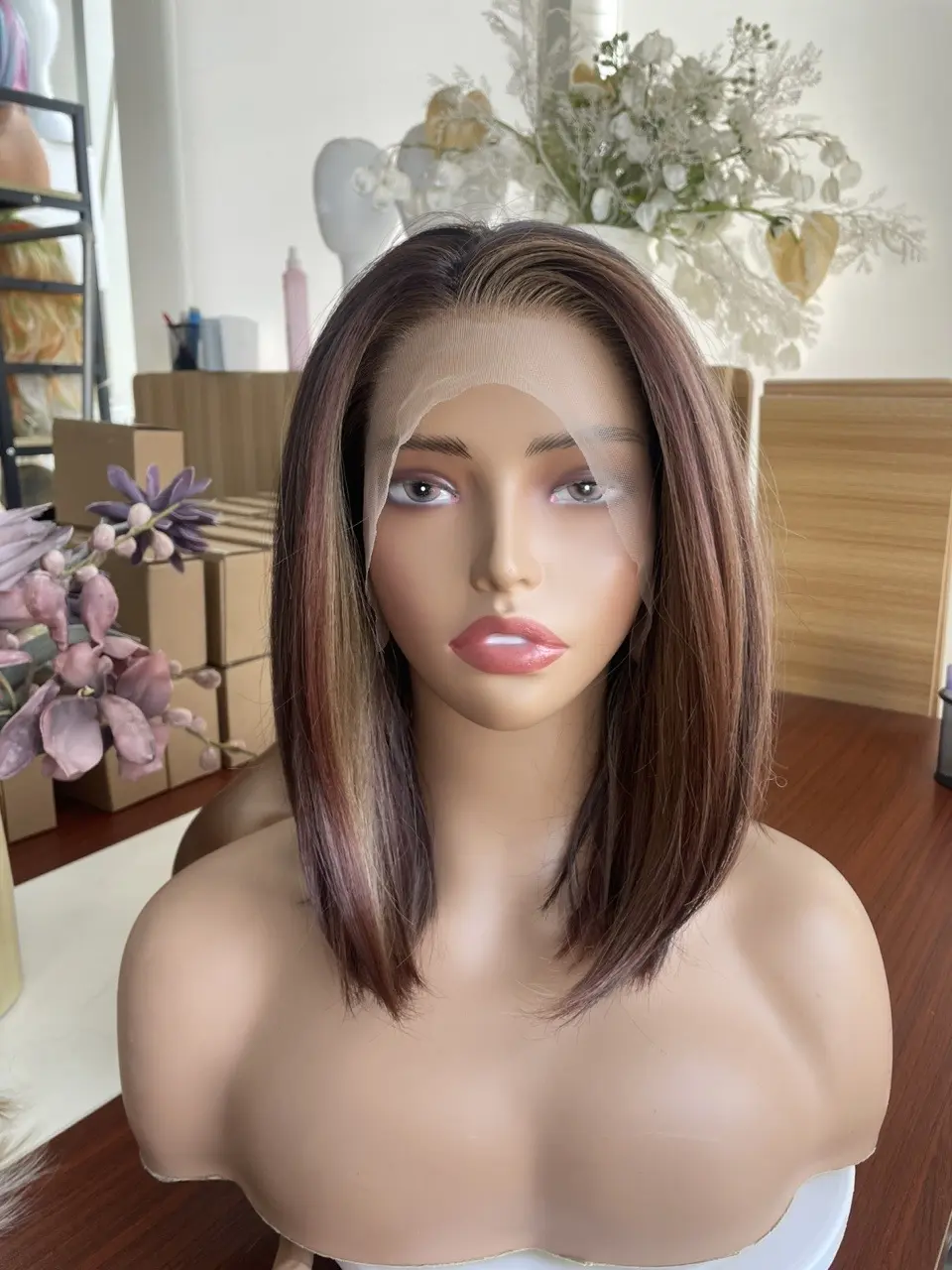 IMstyle Penny Calico Peggy Color Chocolate Brown & Copper Red Golden Blonde Highlight Short Bob Hairstyle 13*4 Lace Front Glueless Wig