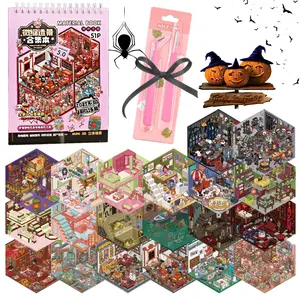Halloween Gift TikTok Famous DIY Stickers House Kit Set 3-in-1 Horror Town Viral 3D Miniature Scene Stickers Book Creative Craft Gift for Kids Teens, Adults(Gray/Pink-20 styles)