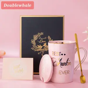 Doublewhale Mother’s Day Aunt Gifts from Niece Nephew Best Aunt Ever Gift Mug Happy Birthday Valentine's Day Gifts for Auntie Marble Ceramic Auntie Coffee Mug Gifts Box Printed Gold 14 Oz Pink